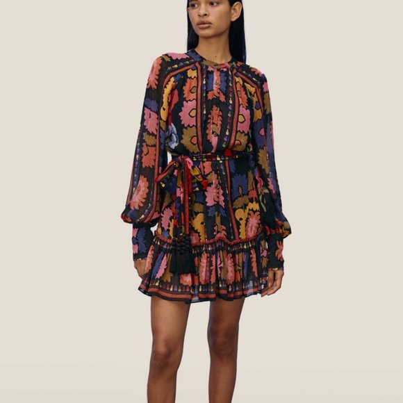 Farm Rio Black Flowers Tapestry Mini Dress, Small - Picture 1 of 4